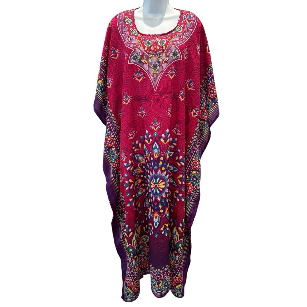 Unit Casuals Boho Floral Kaftan Maxi Dress Pink Purple OSFM Missing Tie‎